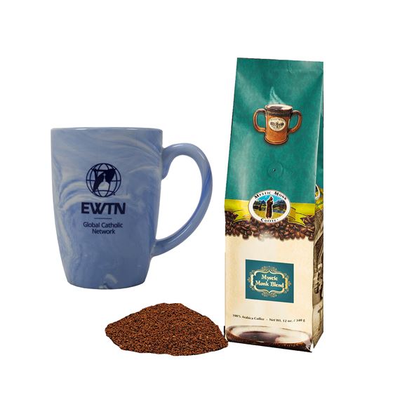 MYSTIC MONK BLEND COFFEE & EWTN BLUE AND WHITE SWIRL MUG SET