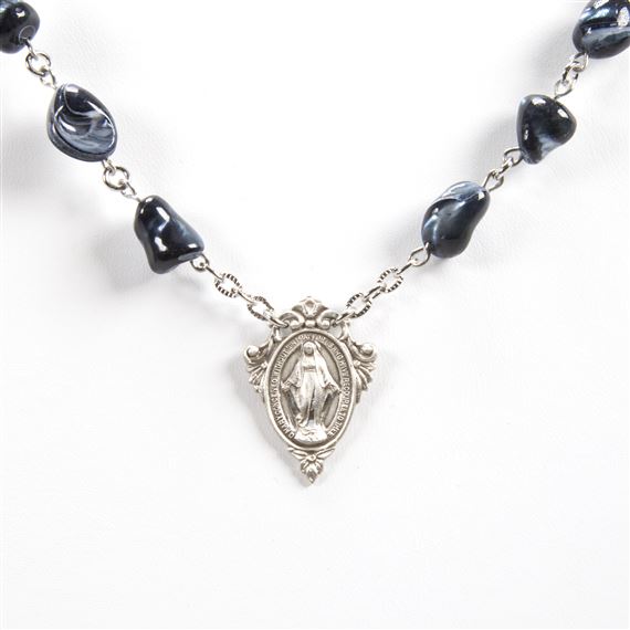 MIRACULOUS MEDAL SILVER & BLACK NUGGET NECKLACE