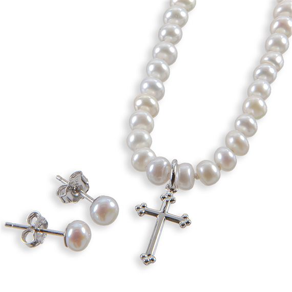 SILVER CROSS PEARL NECKLACE AND EARRINGS SET