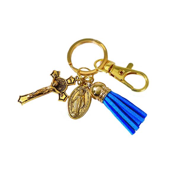 ST. BENEDICT CROSS AND MIRACULOUS MEDAL KEY CHAIN - ROYAL BLUE TASSEL