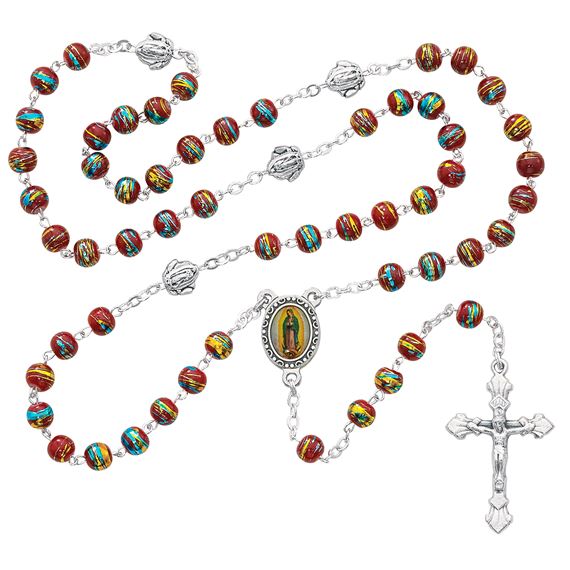 OUR LADY OF GUADALUPE RED VENETIAN GLASS BEAD ROSARY