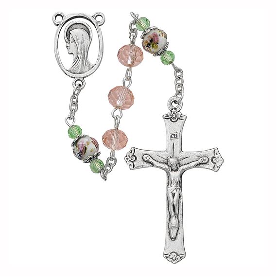 PINK FLORAL ROSARY WITH FACET CUT BEADS