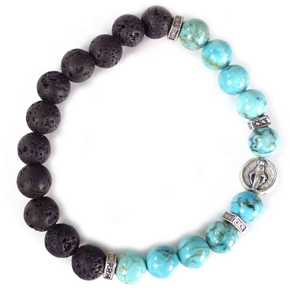 MIRACULOUS MEDAL STRETCH BRACELET - TURQUOISE AND VOLCANIC STONE
