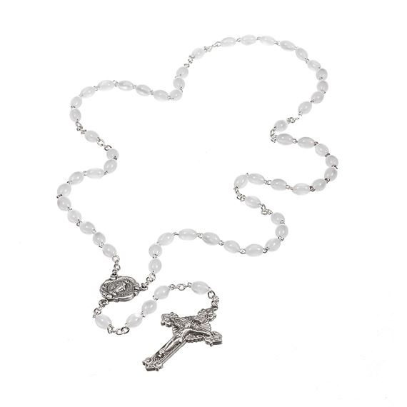 White Oval Bead Rosary with Miraculous Medal Center
