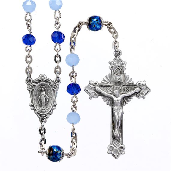 BLUE GLASS BEAD ROSARY WITH MIRACULOUS MEDAL CENTER