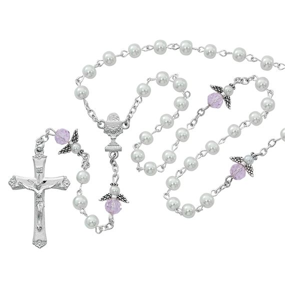 WHITE PEARL AND PINK ANGEL EUCHARISTIC ROSARY