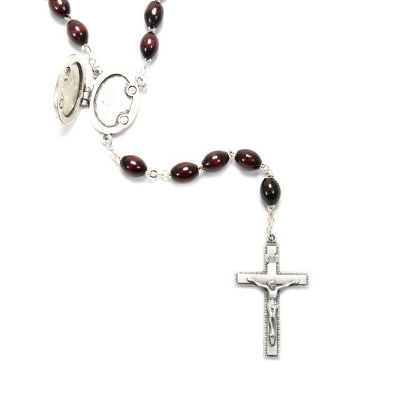 BROWN WOOD BEAD PRAYER LOCKET ROSARY