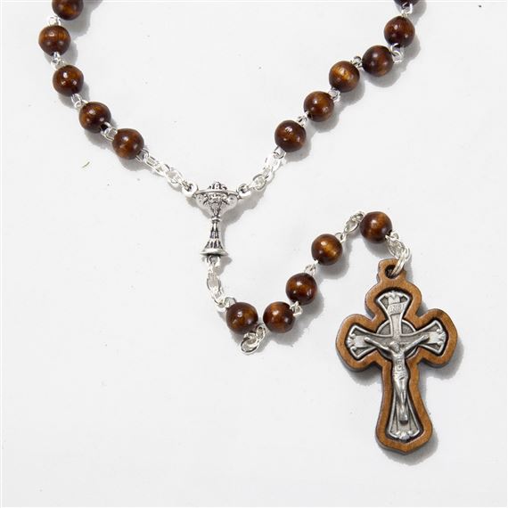 BROWN WOOD BEAD FIRST COMMUNION ROSARY