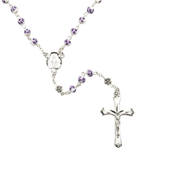 PURPLE FLOWER CERAMIC BEAD ROSARY