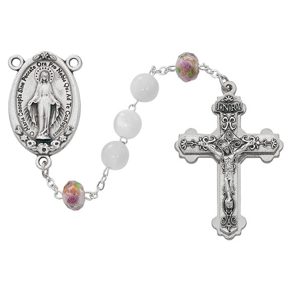 LARGE MIRACULOUS MEDAL ROSARY WITH WHITE AND ROSE BEADS