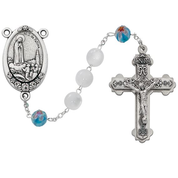 LARGE FATIMA ROSARY WITH WHITE AND ROSE BEADS
