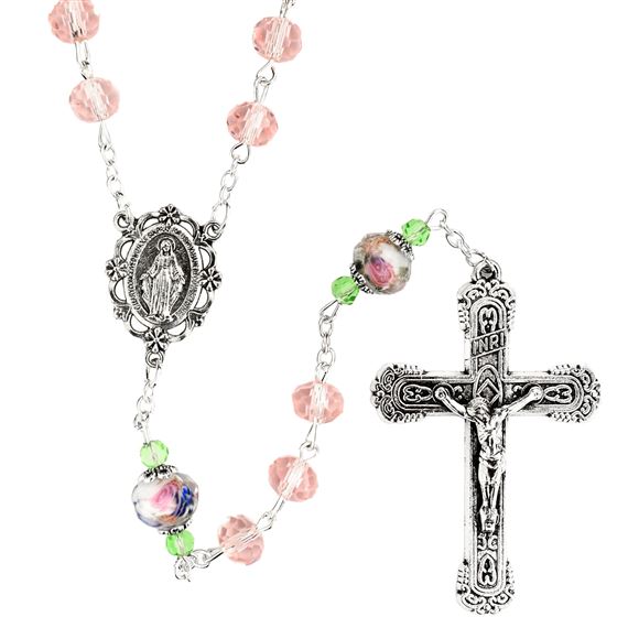 PINK FLORAL ROSARY WITH FACET CUT BEADS
