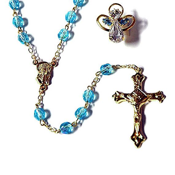 BIRTHSTONE ROSARY & PIN SET - MARCH (AQUAMARINE)