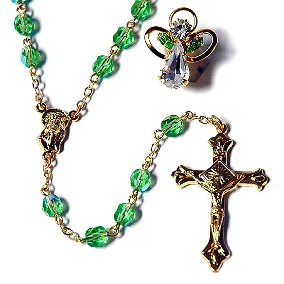 BIRTHSTONE ROSARY & PIN SET - AUG (PERIDOT)