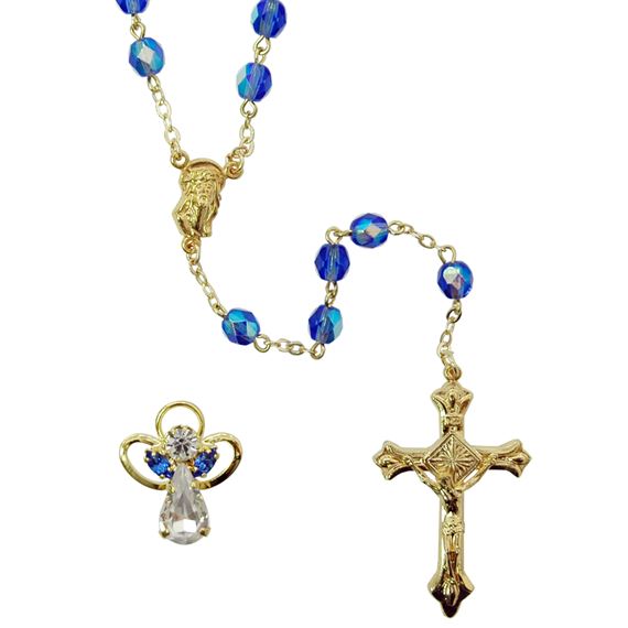 BIRTHSTONE ROSARY & PIN SET - SEPT (SAPPHIRE)