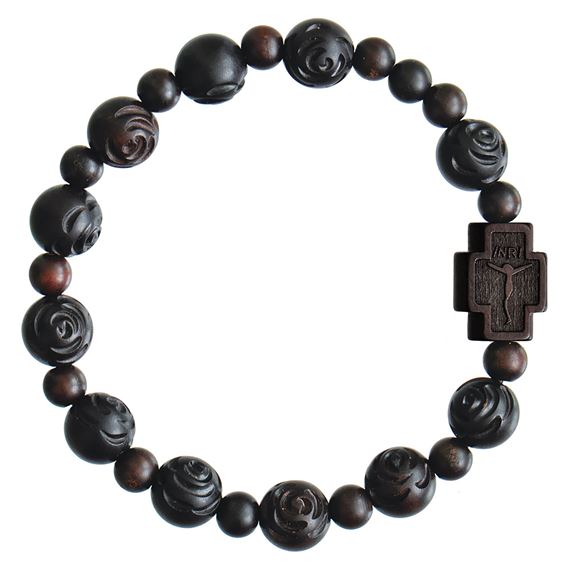 ROSE CARVED JUJUBE WOOD "THORN BUSH" BEAD ROSARY BRACELET