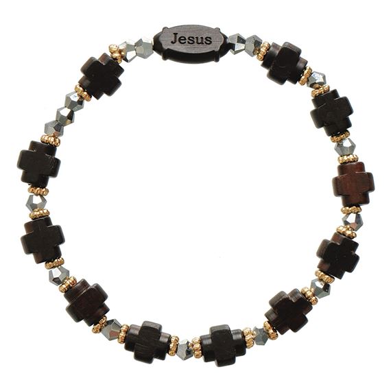 JUJUBE WOOD CROSS BEAD ROSARY BRACELET