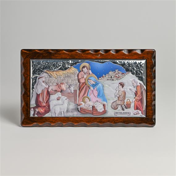 NATIVITY SILVER ICON WITH COLOR (10 5/8" x 6 1/8")