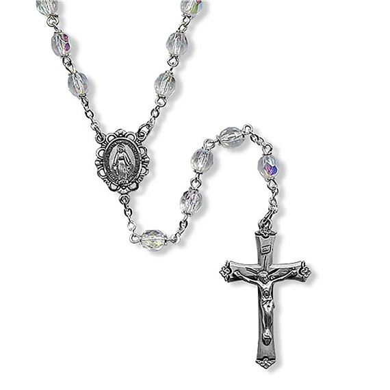 STERLING SILVER BIRTHSTONE ROSARY - CRYSTAL (APRIL)