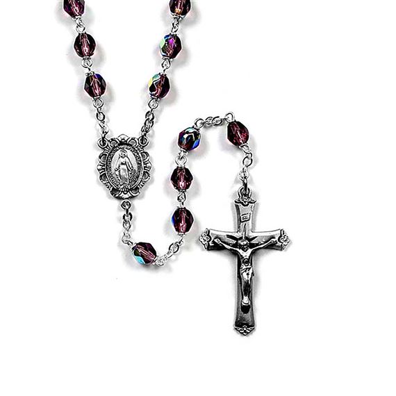 STERLING SILVER BIRTHSTONE ROSARY - DARK AMETHYST (FEBRUARY)