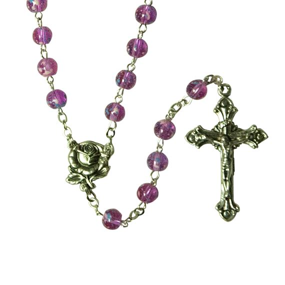 PINK SPECKLED ROSARY WITH ROSEBUD MEDALS