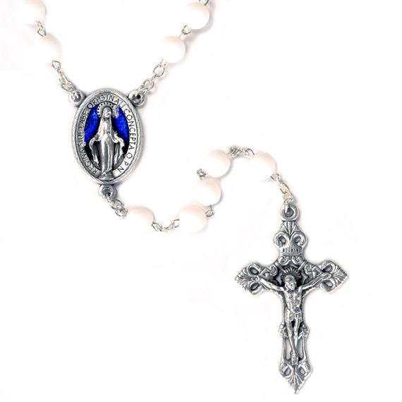 WHITE BEAD ROSARY WITH BLUE ENAMEL CENTER