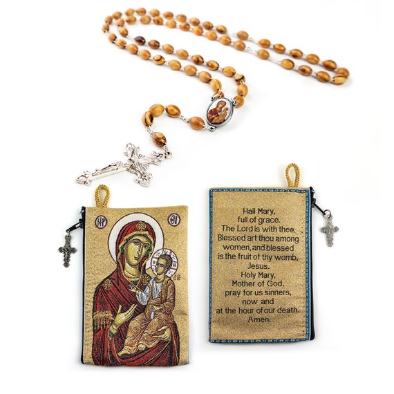 VIRGIN MARY AND CHILD - BYZANTINE ROSARY AND POUCH