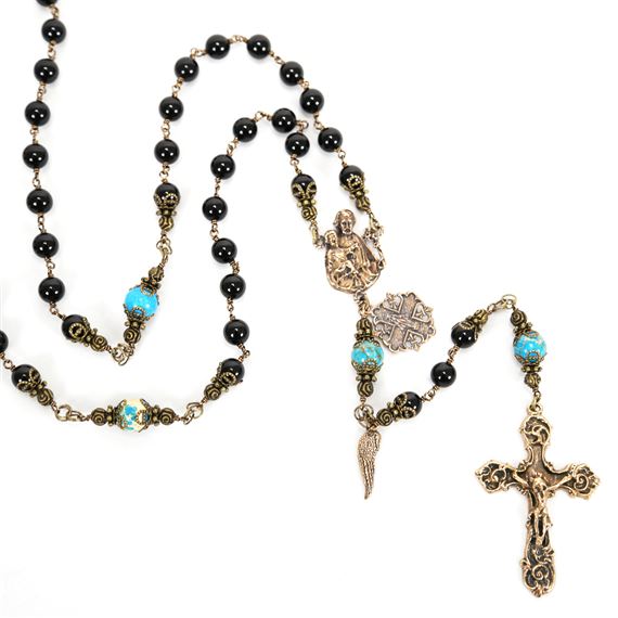 ST. JOSEPH WITH JESUS BLACK ONYX HEIRLOOM ROSARY - OUR LADY OF GRACE MEDAL
