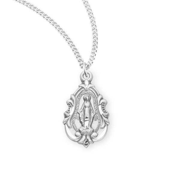 Fancy Sterling Baroque Miraculous Medal with 18&quot; Chain