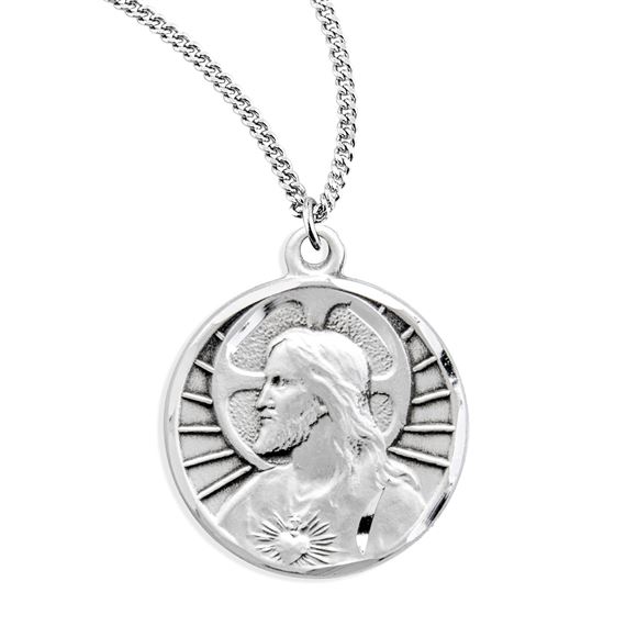 Round Sterling Sacred Heart of Jesus Scapular Medal with 18&quot; Chain