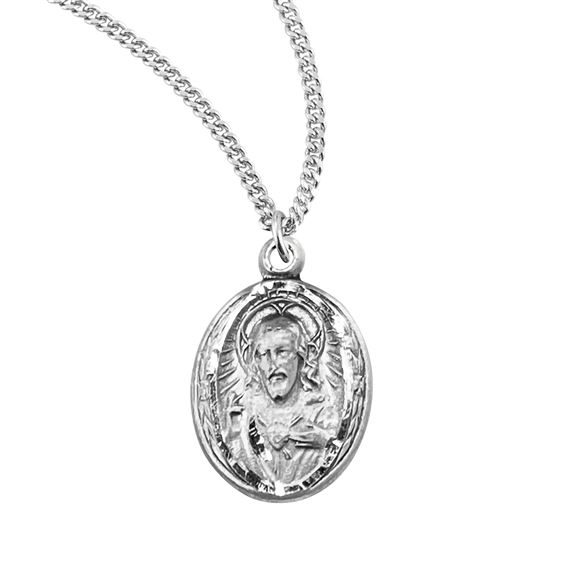 Small Oval Sterling Sacred Heart of Jesus Scapular Medal with 18&quot; Chain