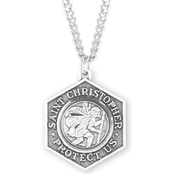 Hexagon St. Christopher &quot;Protect Us&quot; Sterling Medal with 24&quot; Chain