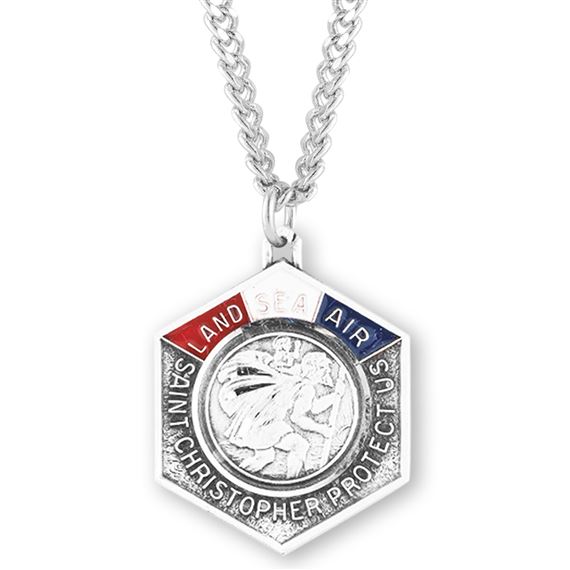 Hexagon St. Christopher Land, Sea and Air Military Sterling Medal with 24&quot; Chain