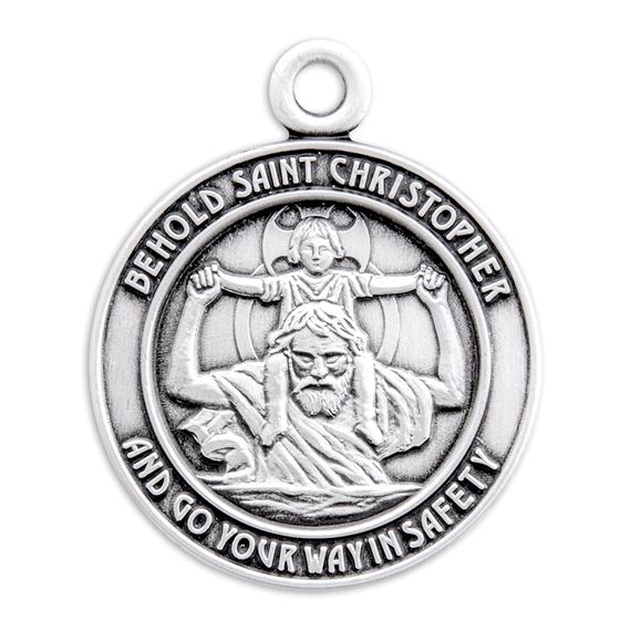 Round St. Christopher Carrying Jesus Sterling Medal with 24&quot; Chain