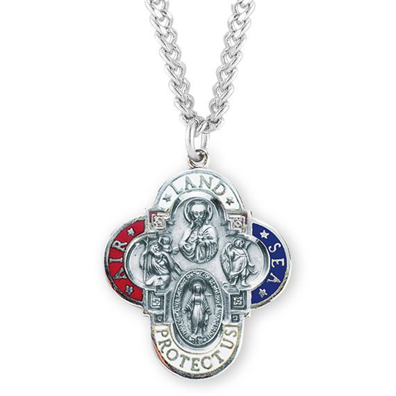 Sterling Land-Sea-Air Military 4-Way Medal with 24&quot; Chain