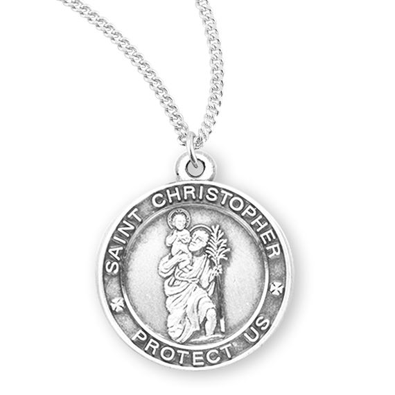 Round St. Christopher &quot;Protect Us&quot; Sterling Medal with 18&quot; Chain