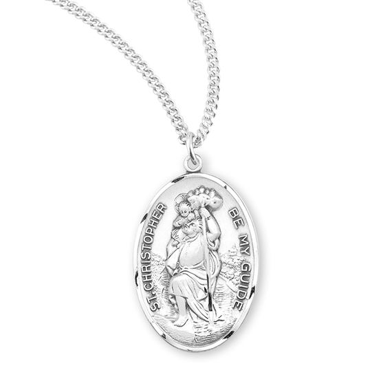 Large Oval St. Christopher Sterling Medal with 24&quot; Chain