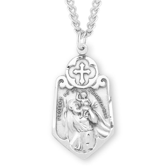 Unique Shaped St. Christopher Sterling Medal with Cross with 24&quot; Chain