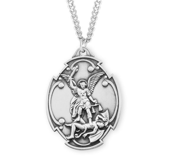 STERLING SILVER ST. MICHAEL THE ARCHANGEL OVAL SHIELD MEDAL