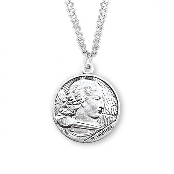 STERLING SILVER SAINT MICHAEL CLOSE-UP ROUND MEDAL