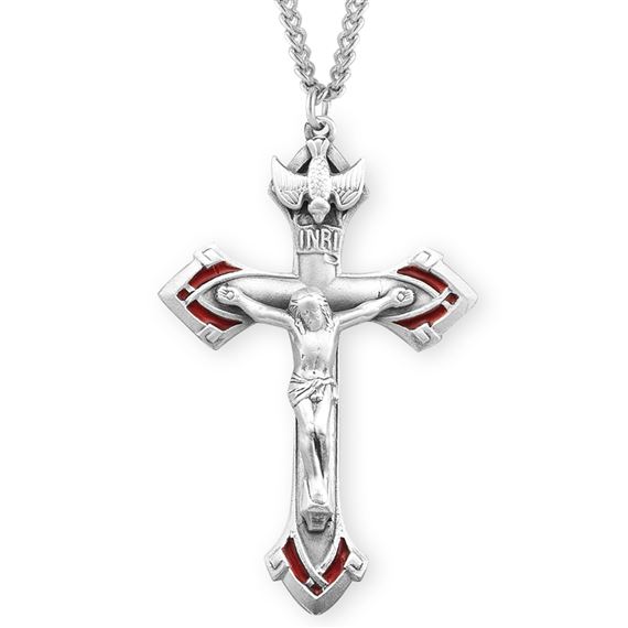 Sterling and Red Epoxy Holy Spirit Crucifix with 24&quot; Chain