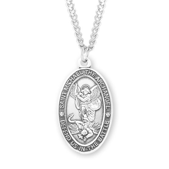 Saint Michael Oval Sterling Silver Medal with 24&quot; Chain