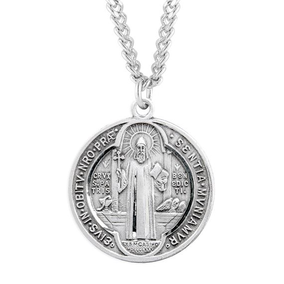 Large Round St. Benedict Sterling Jubilee Medal with 24&quot; Chain