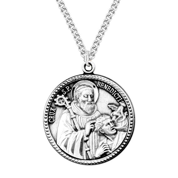 Round St. Benedict Sterling Exorcism Medal with 20&quot; Chain
