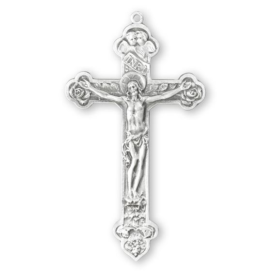 Sterling Crucifix with Angels and Roses on 27&quot; Chain