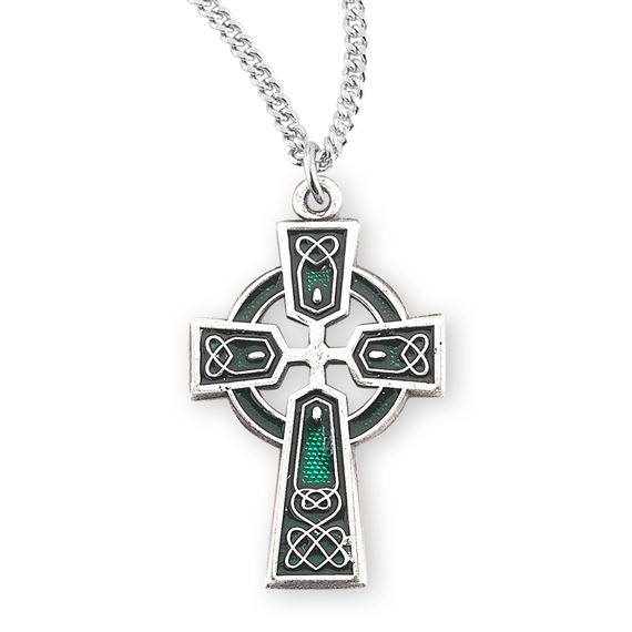 CELTIC CROSS - STERLING SILVER WITH GREEN ENAMEL