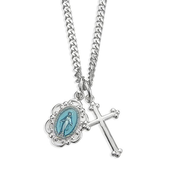 STERLING SILVER BLUE ENAMELED MIRACULOUS MEDAL AND CROSS - DUAL NECKLACE