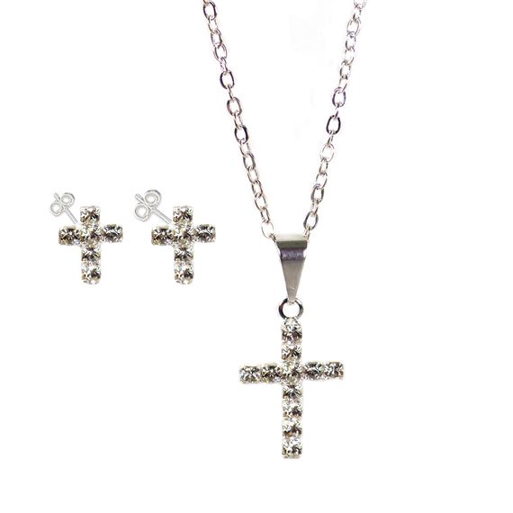CROSS NECKLACE (20") AND EARRING SET - SILVER