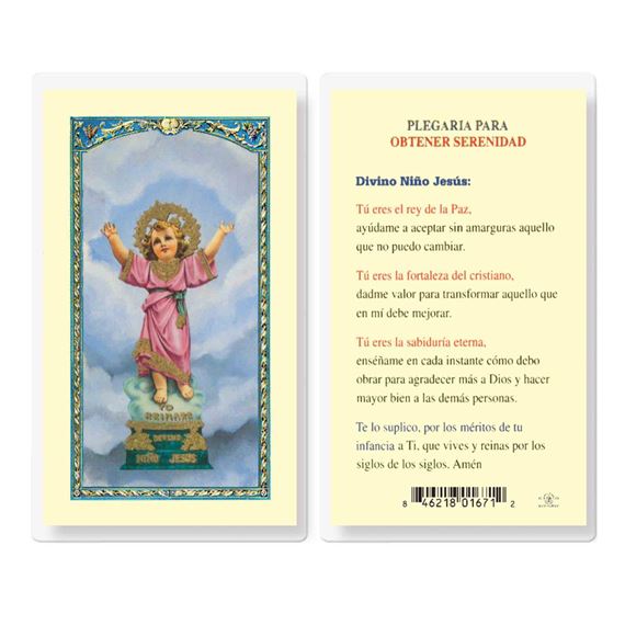 POSTAL RELIGIOSA LAMINADA DEL DIVINO NIÑO
CON PLEGARIA PARA OBTENER SERENIDAD