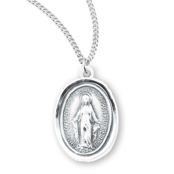 Oval Sterling Silver Miraculous Medal with 18&quot; Chain